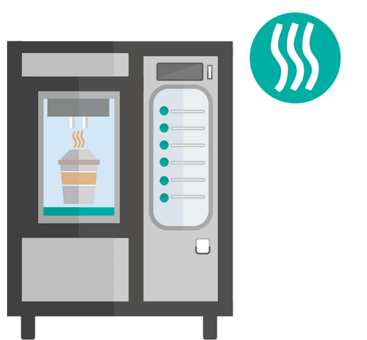 Grafische Abbildung eines Heißgetränkeautomaten / Office Coffee Service der eine frische Tasse Kaffee produziert hat